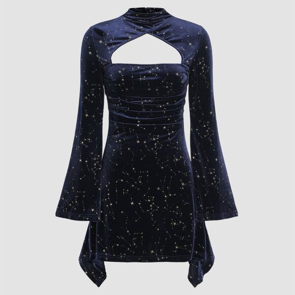 Velvet Star Pattern Bell Sleeve Short Dress NAVY blue NWT goth renaissance fairy - Picture 2 of 3